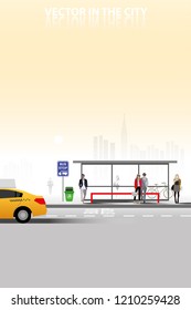 vector many people waiting a bus on bus stop background