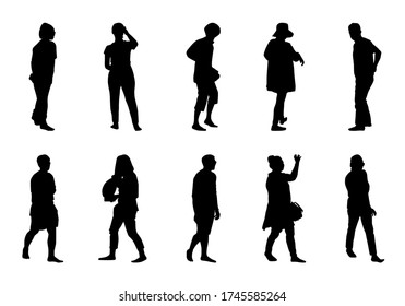 Vector many people walking collection, Man and women silhouette set on white background