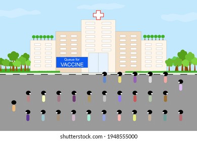 Vector - Many people wear face mask and stand in a long queue for receive the vaccine Coronavirus (Covid-19) at the hospital. Vaccination, Protection, Healthcare concept. Cartoon style.