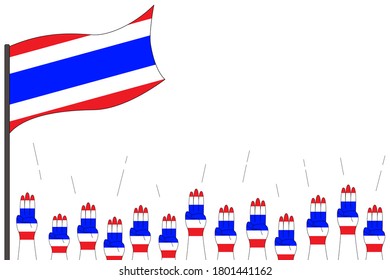 Vector - Many protester show three fingers salute with Thailand flag on white backgrouund. Flat design. Anti, Freedom concept. Copy space.