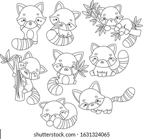 a vector of many red pandas in many poses in black and white colors