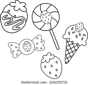 a vector of many sweets with strawberry flavor in black and white coloring