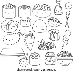 a vector of many type of sushi and japanese food in black and white