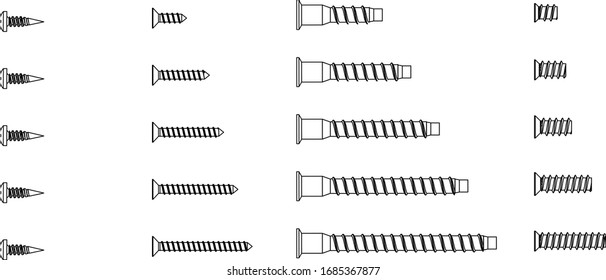  Vektorillustration. Viele Arten von Schrauben einzeln auf weißem Hintergrund. Verschiedene Längen. Sammlung von Holzschrauben, Euro-Schrauben, Bestätigungen. Nahaufnahme. Möbelbeschläge und -beschläge.