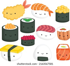 un vector de muchos tipos de sushi y una tempura