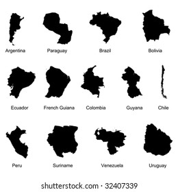 vector map of 13 south america countries with white background.