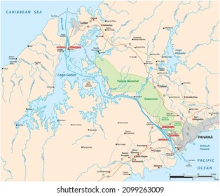 Vector map of the 82 kilometer long waterway Panama Canal, Panama