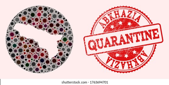 Vector map of Abkhazia collage of SARS virus and red grunge quarantine seal. Infection cells around the lockdown territory from outside.