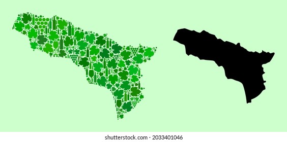 Vector Map of Abkhazia. Mosaic of green grapes, wine bottles. Map of Abkhazia mosaic created with bottles, grapes, green leaves. Abstract mosaic useful for alcohol shops propaganda.