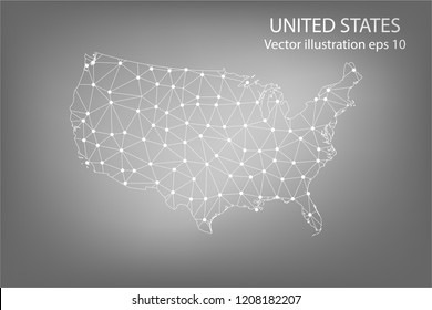 Vector map - Abstract mash,polygonal line and scales on dark background with map of UNITED STATES. Wire frame 3D mesh polygonal network line,Vector illustration eps 10.