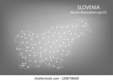 Mapa vectorial - Mash abstracto, línea poligonal y escala sobre fondo oscuro con mapa de SLOVENIA. Línea de red poligonal de malla 3D del bastidor del cable,Ilustración vectorial, pasos 10.