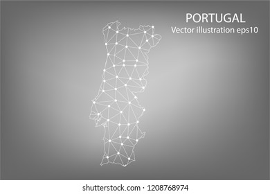 Vector map - Abstract mash,polygonal line and scales on dark background with map of PORTUGAL. Wire frame 3D mesh polygonal network line,Vector illustration eps 10.