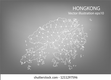 Vector map - Abstract mash,polygonal line and scales on dark background with map of HONGKONG. Wire frame 3D mesh polygonal network line,Vector illustration eps 10.