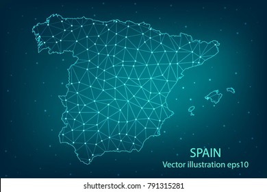 Vector map - Abstract mash,polygonal line and scales on dark background with map of SPAIN.Wire frame 3D mesh polygonal network line,Vector illustration eps 10.