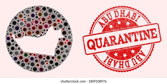 Vektorkarte von Abu Dhabi Emirat Collage von SARS-Virus und rotem Grunge Quarantänerobbe. Infektionszellen greifen das Quarantänegebiet aus dem Weltraum an.