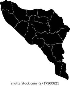 Vektorgrafik der Provinz Aceh, Indonesien, mit Verwaltungsgrenzen und -bezirken. Schwarze Silhouette einzeln auf Weiß. Detaillierte Kartografiebildung.