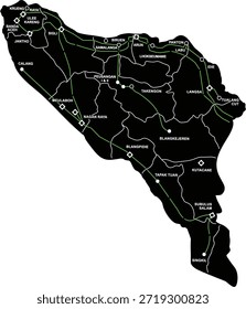 Vektorgrafik der Provinz Aceh, Indonesien, mit Verwaltungsgrenzen und -bezirken. Schwarze Silhouette einzeln auf Weiß. Detaillierte Kartografiebildung.