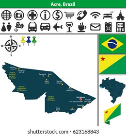 Vector map of Acre region with flags and location on Brazilian map. Map contains parks: Parque Estadual Chandless, Reserva Extrativista do Alto Jurua and Parque Nacional da Serra do Divisor