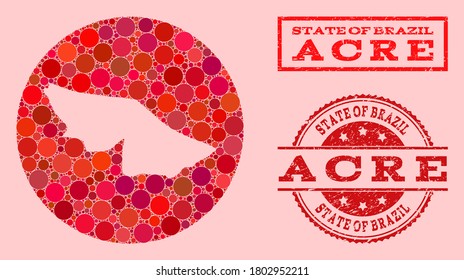 Vector map of Acre State mosaic of circle elements and red scratched seal stamp. Hole circle map of Acre State collage created with circles in different sizes, and red color tones.
