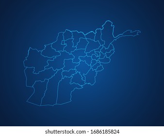 Vector map of Afghanistan abstract blue line scales on dark background.
