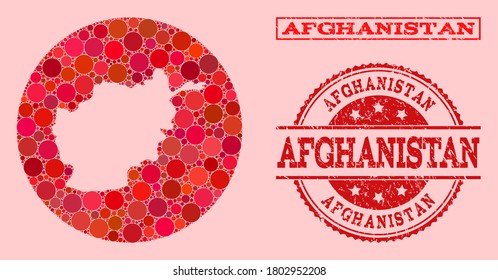 Vektorkarte von Afghanistan mit runden Punkten und rotem Grunge-Siegel. Rundkarte von Afghanistan mit Kreisen in unterschiedlichen Größen und roten Farbtönen.