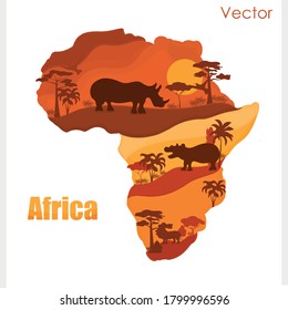 Mapa vectorial de África con animales. Atardecer.