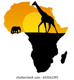 vector map of Africa black and yellow animal giraffe and elephant