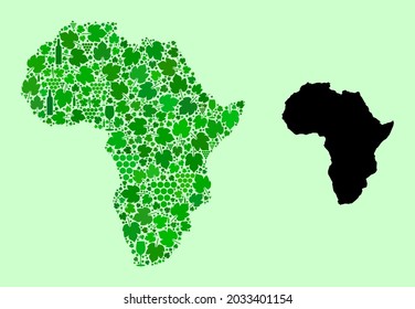 Vector Map of Africa. Collage of green grape leaves, wine bottles. Map of Africa collage formed with bottles, berries, green leaves. Abstract collage is designed for patriotic collages.