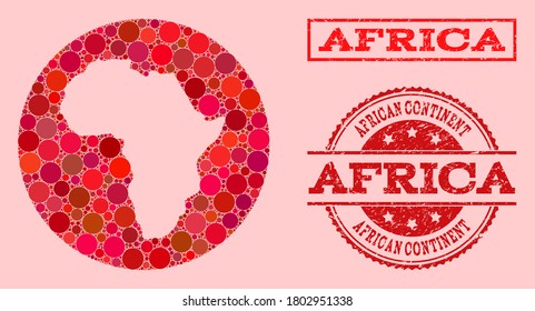 Vektorkarte von Afrika Collage von runden Punkten und roten Grunge-Stempel. Rundkarte von Afrika mit Kreisen verschiedener Größen und Rottönen.