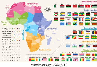 vector map of Africa continent colored by regions. All flags of African countries arranged in alphabetical order and singled out by regions