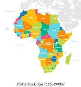 Vector map of Africa Continent with Countries, Capitals, Main Cities and Seas and islands names in strong brilliant colors.