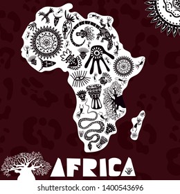 Vector map of Africa with ethno pattern, tribal background. Vector illustration of Africa on panther skin background.