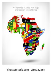 Vector map of Africa with flags and location on world map. Vector illustration.