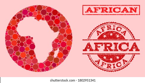 Mapa vectorial del mosaico africano de puntos circulares y sello de foca rayado rojo. Mapa de círculo de esténcil de un collage de África compuesto por círculos de tamaños variables y tintes de color rojo.