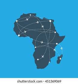Vector map of africa. Africa map with the trajectories of aircraft.