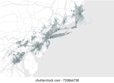 Vector Map Of The Agglomeration Washington, New York City Philadelphia, Boston, Baltimore, USA