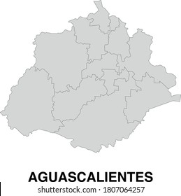 Mapa vectorial de Aguascalientes, México. Divididos en municipios