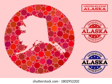 Mapa vectorial del mosaico del estado de Alaska de puntos circulares y sello de caucho rojo. Mapa del círculo de tallos del collage del estado de Alaska formado con círculos de diferentes tamaños y tintos de color rojo.