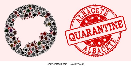 Mapa vectorial del collage de coronavirus en la provincia de Albacete y sello de cuarentena de grunge rojo. Las células de infección atacan el territorio de cuarentena desde el exterior.