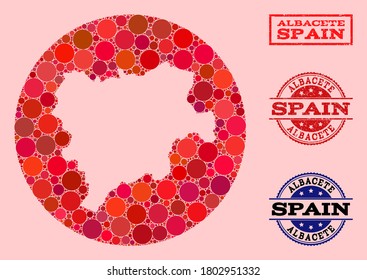 Vector map of Albacete Province collage of circle items and red rubber seal stamp. Subtraction circle map of Albacete Province collage composed with circles in different sizes, and red color hues.