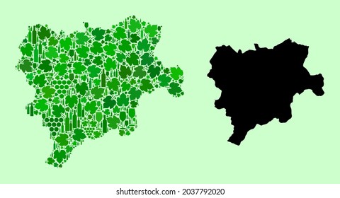 Vector Map of Albacete Province. Mosaic of green grapes, wine bottles. Map of Albacete Province mosaic formed with bottles, grapes, green leaves.
