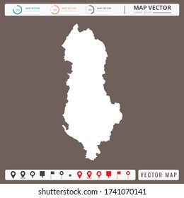 Mapa vectorial del fondo marrón de Albania e icono de pines.