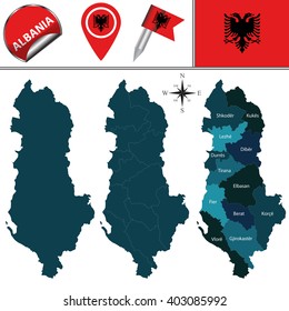 Vector map of Albania with named divisions and travel icons