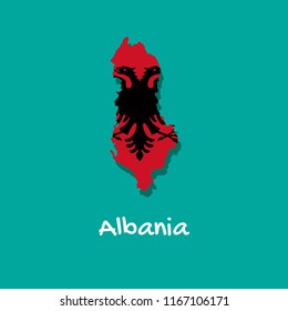 Vector map of Albania painted in the colors of the flag. The country's borders with shadow. Isolated vector illustration.