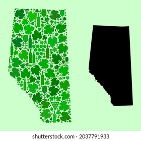 Vector Map of Alberta Province. Mosaic of green grape leaves, wine bottles. Map of Alberta Province mosaic designed with bottles, grapes, green leaves.