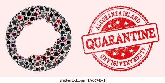 Vektorplan der Inselgruppe Alegranza mit SARS-Virus und rotem Grunge-Quarantänesiegel. Infektionszellen greifen das Quarantänegebiet aus dem Weltraum an.