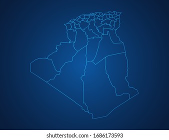 Vector map of Algeria abstract blue line scales on dark background.