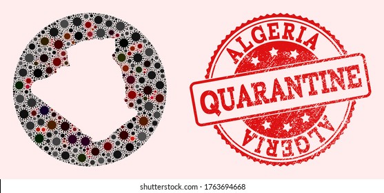 Vector map of Algeria collage of coronavirus and red grunge quarantine seal. Infection cells attack the quarantine territory from outside.