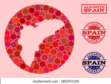 Mapa vectorial de la Provincia de Alicante de puntos redondos y sello de caucho rojo. Mapa circular de esténcil de la provincia de Alicante formado con círculos de diferentes tamaños y tonos rojos.
