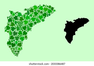 Vector Map of Alicante Province. Combination of green grape leaves, wine bottles. Map of Alicante Province collage designed from bottles, berries, green leaves.